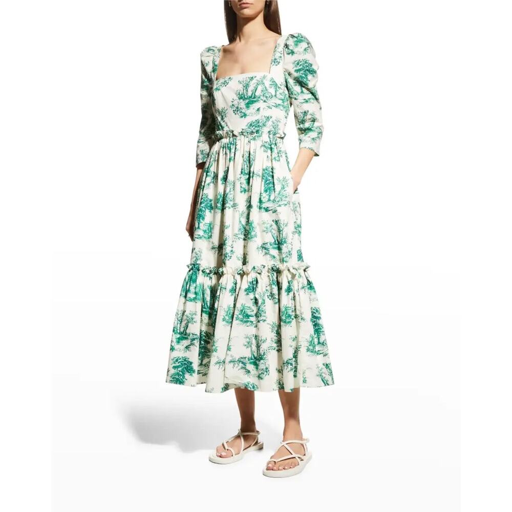 Cara Cara Blue Hill Toile Midi Dress Size 10 Green Botanical Cotton Garden Party - Picture 15 of 15